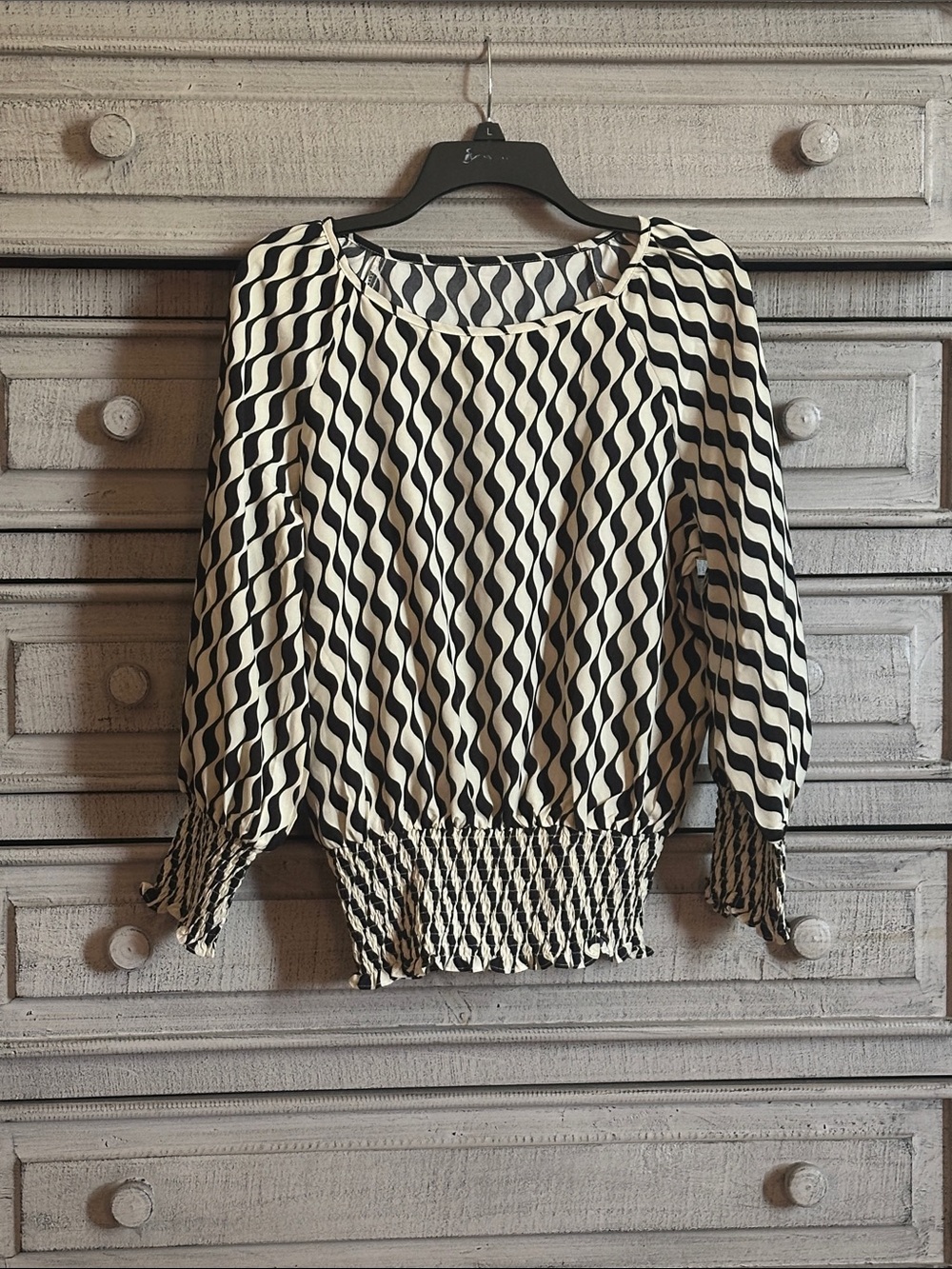 Wavy Stripe Black & Cream Smocked-Hem Blouse